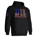 Black patriotic hoodie with 1776 2026 American flag design and red blue sleeve flag detail