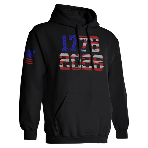 Black patriotic hoodie with 1776 2026 American flag design and red blue sleeve flag detail