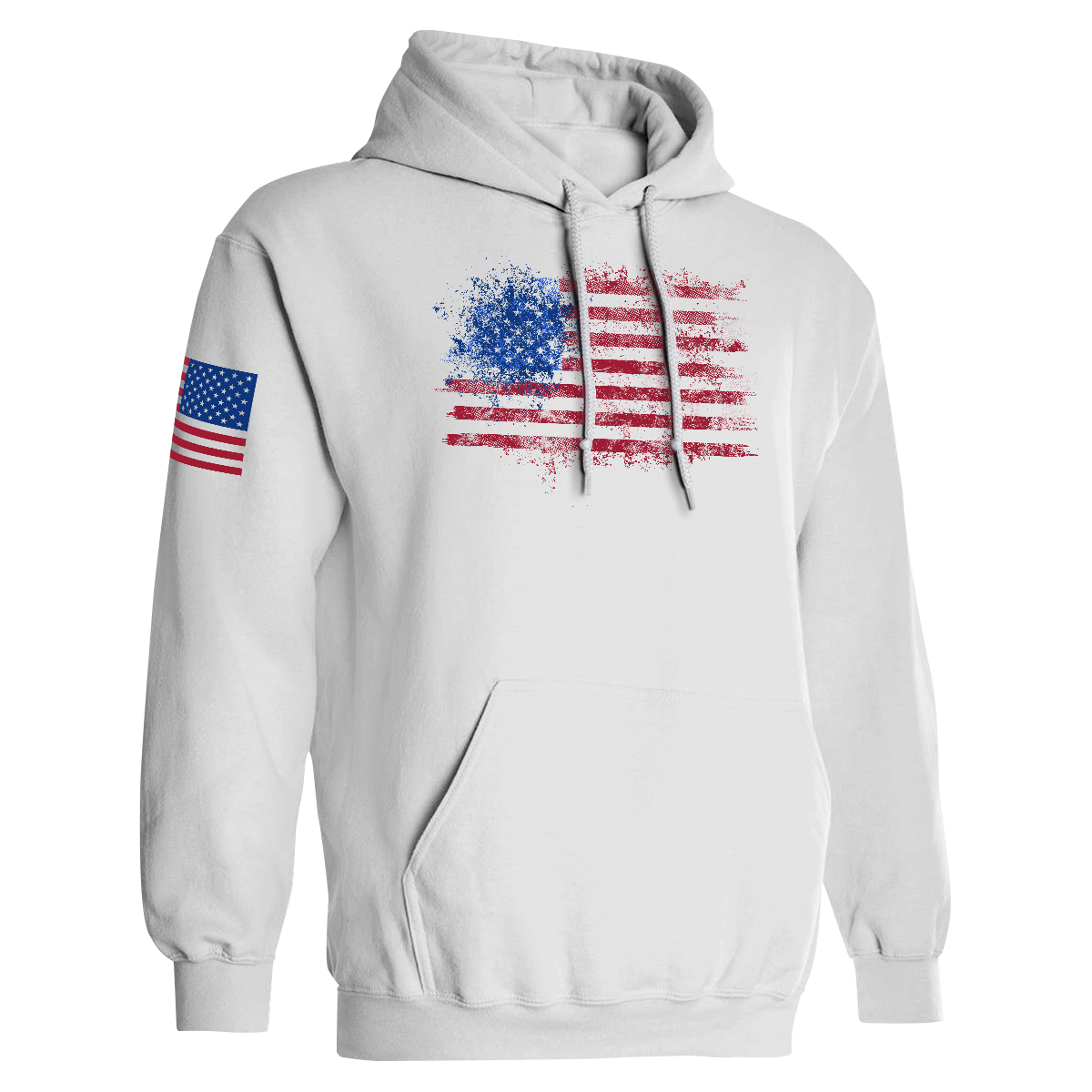 Distressed American flag patriotic white hoodie with sleeve USA flag design