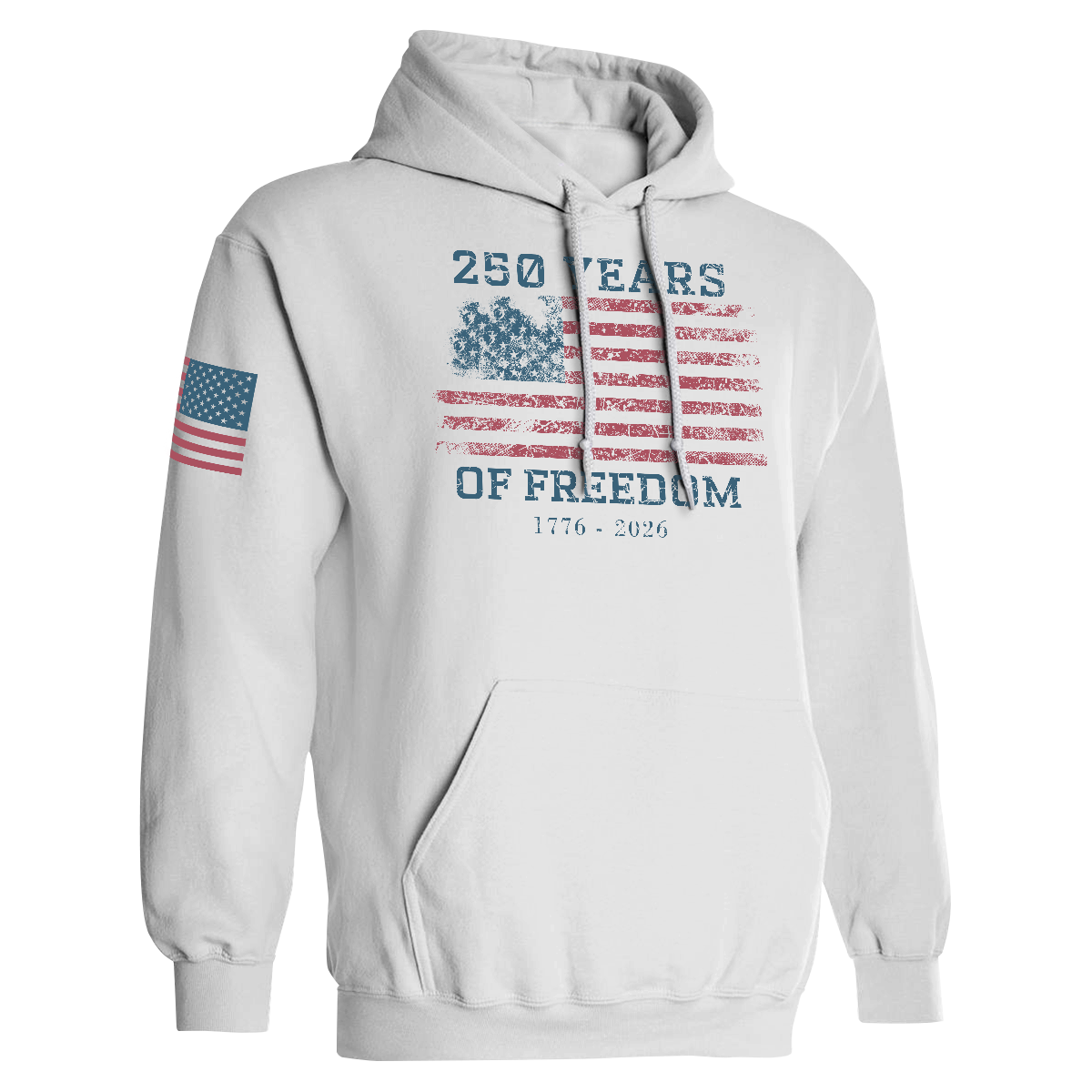 White 250 Years of Freedom patriotic hoodie with distressed American flag design and 1776–2026 text