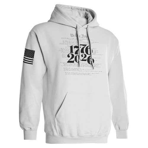 White 1776 2026 patriotic hoodie with We The People Constitution design celebrating America 250