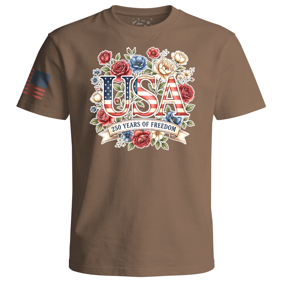 Tan T-shirt with 'USA 250 Years of Freedom' design featuring flowers and an American flag