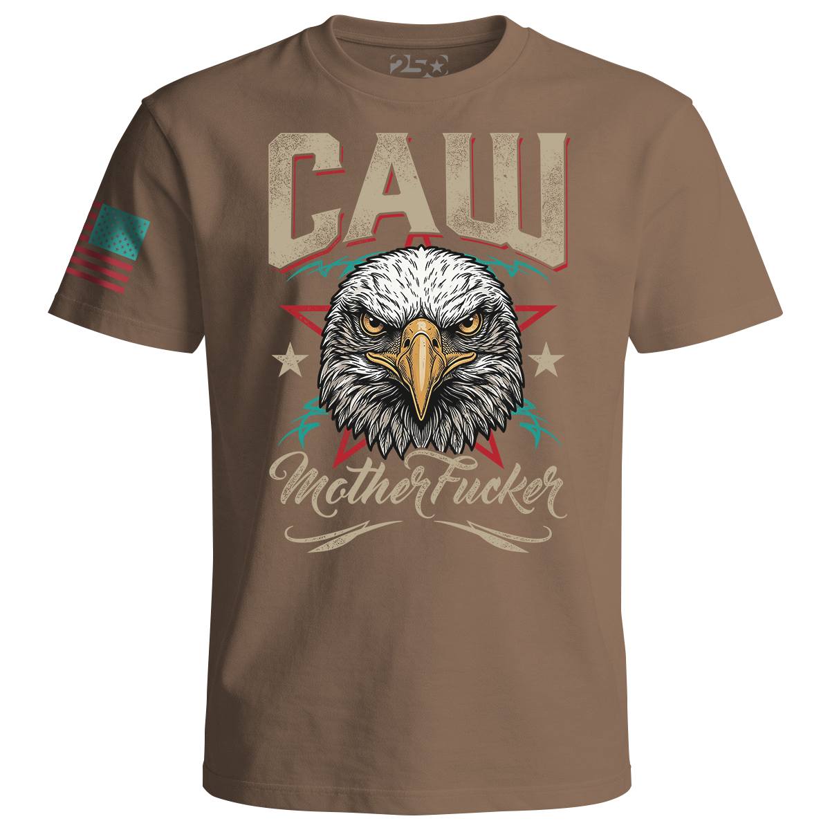 Tan patriotic t-shirt with eagle graphic  vintage distressed design and bold lettering