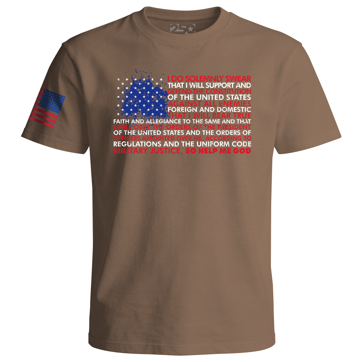 Tan patriotic t-shirt with American flag design and oath to defend the Constitution text on front