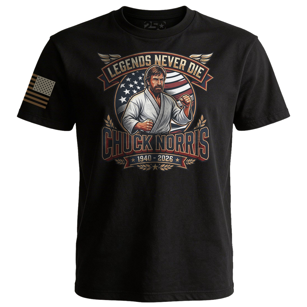 Black Chuck Norris t-shirt with detailed illustration and American flag sleeve print
