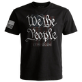 Black We The People 1776–2026 t-shirt featuring vintage script over Declaration of Independence document background