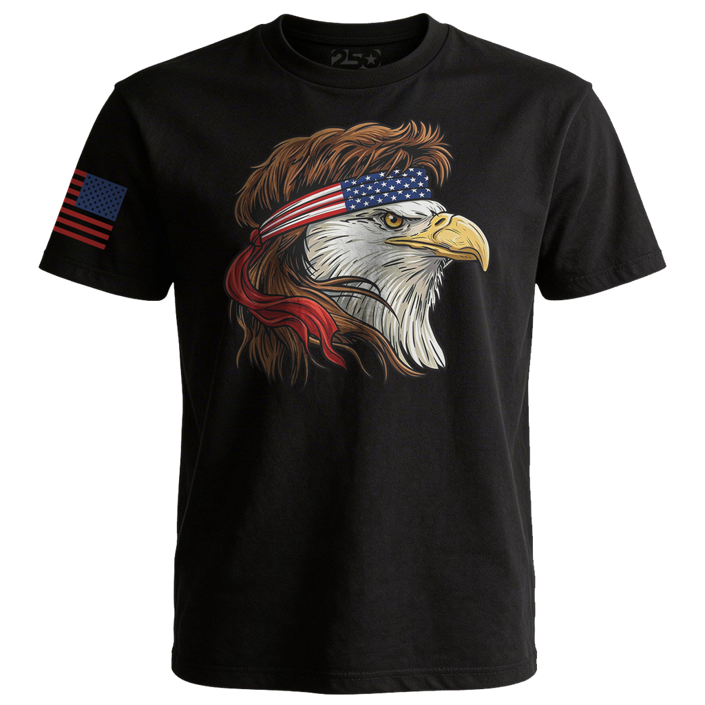 Black t-shirt featuring a stylized bald eagle with a mullet hairstyle and American flag headband, symbolizing patriotic pride, with a subtle American flag on the sleeve.
