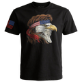 Black t-shirt featuring a stylized bald eagle with a mullet hairstyle and American flag headband, symbolizing patriotic pride, with a subtle American flag on the sleeve.