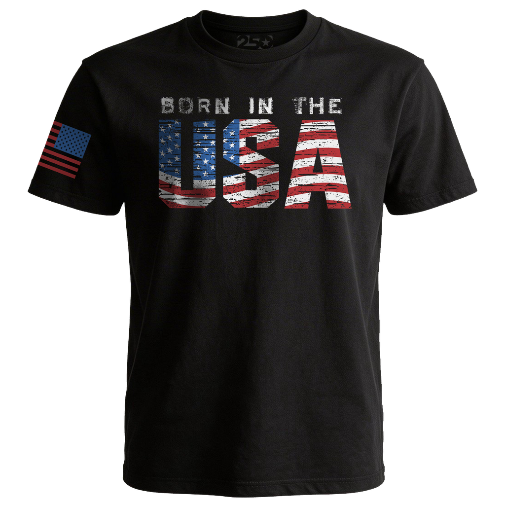 Black t-shirt with 'Born in the USA' text and American flag design on a white background
