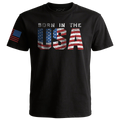 Black t-shirt with 'Born in the USA' text and American flag design on a white background
