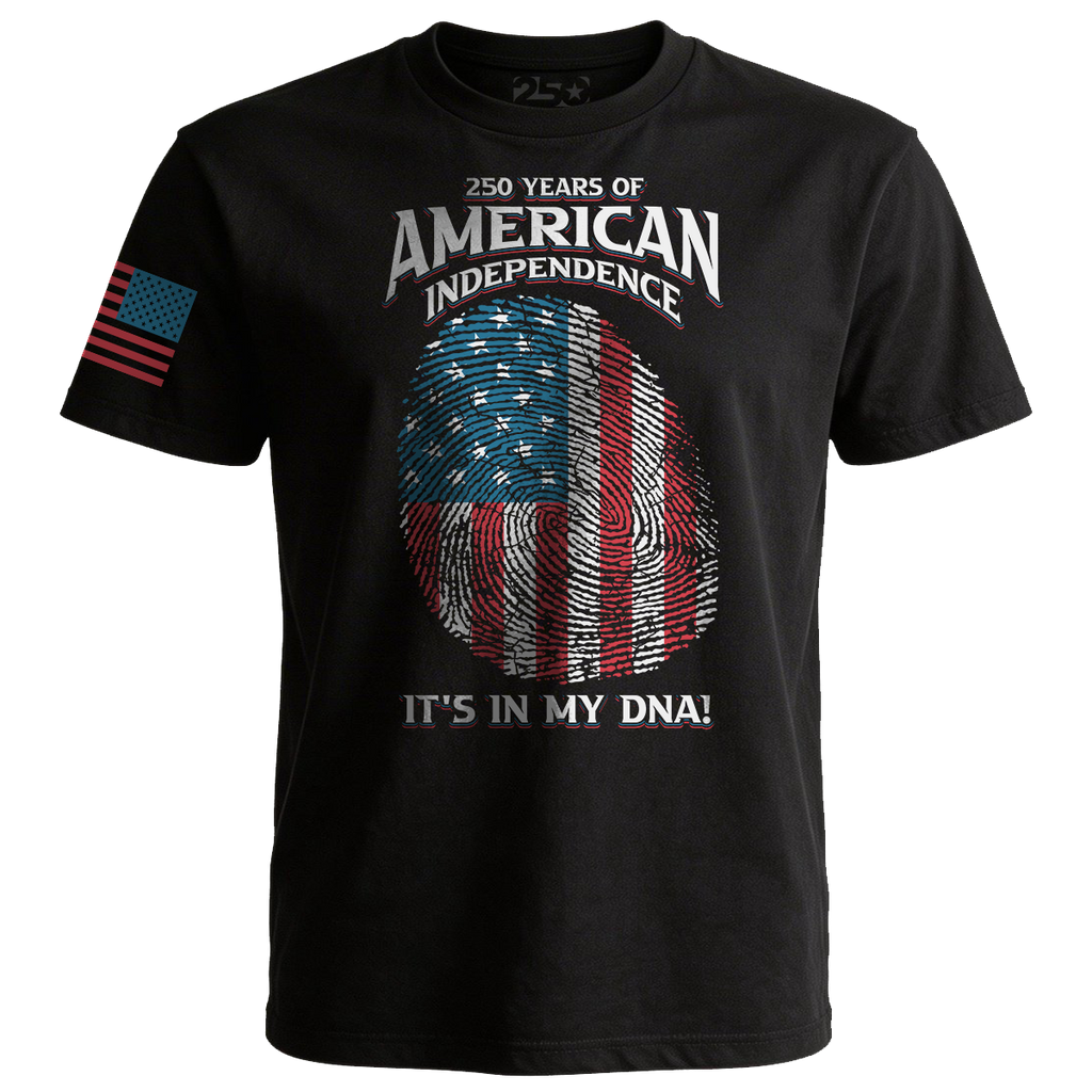 Black 250 Years of American Independence DNA t-shirt with fingerprint USA flag graphic front view