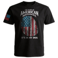 Black 250 Years of American Independence DNA t-shirt with fingerprint USA flag graphic front view