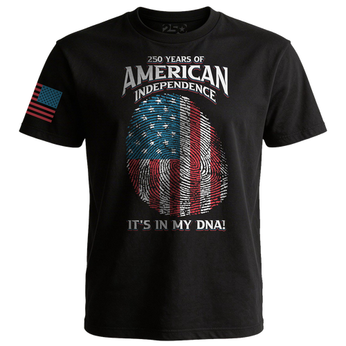 Black 250 Years of American Independence DNA t-shirt with fingerprint USA flag graphic front view