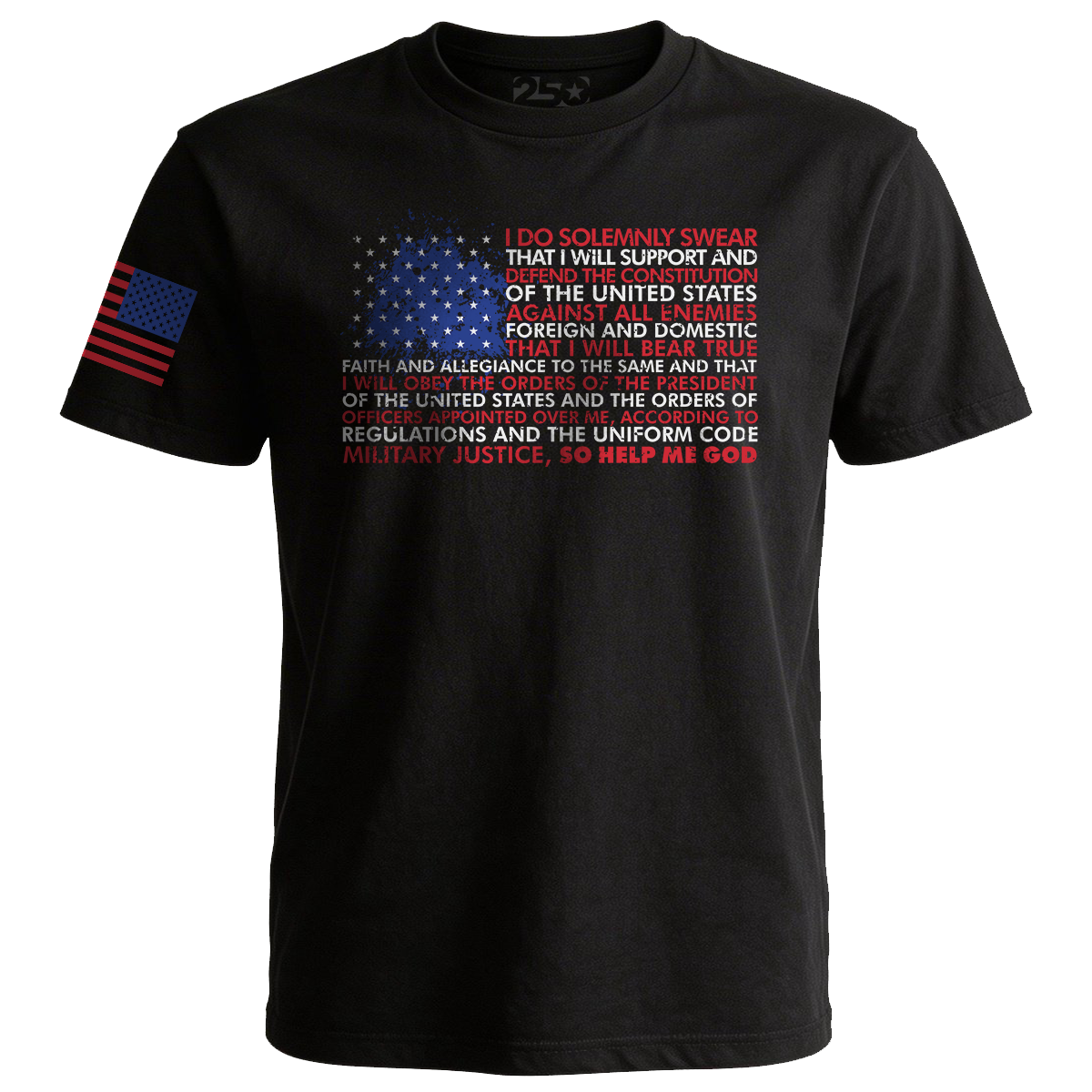 Black patriotic t-shirt with American flag design and oath to defend the Constitution text on front