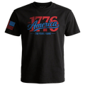 Black t-shirt featuring “1776 America” script design with “250 Years Young” text in red and blue patriotic colors and a stylized American flag on the sleeve.
