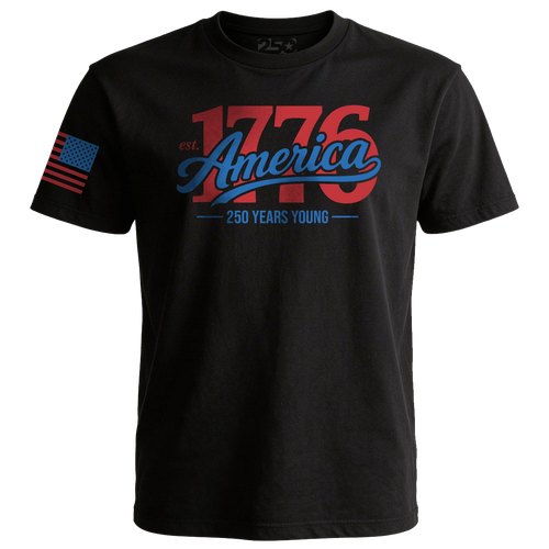 Black t-shirt featuring “1776 America” script design with “250 Years Young” text in red and blue patriotic colors and a stylized American flag on the sleeve.
