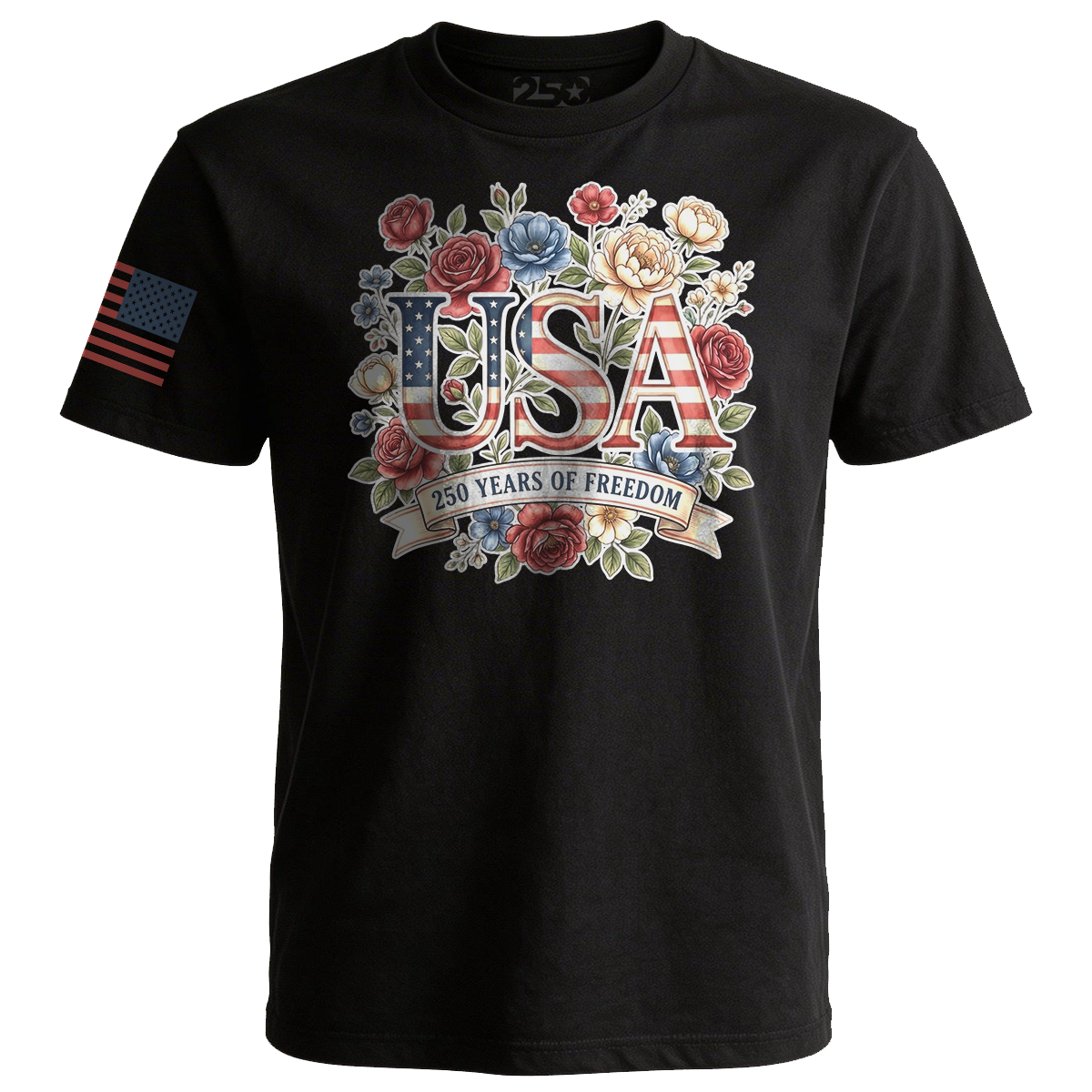 Black T-shirt with 'USA 250 Years of Freedom' design featuring flowers and an American flag