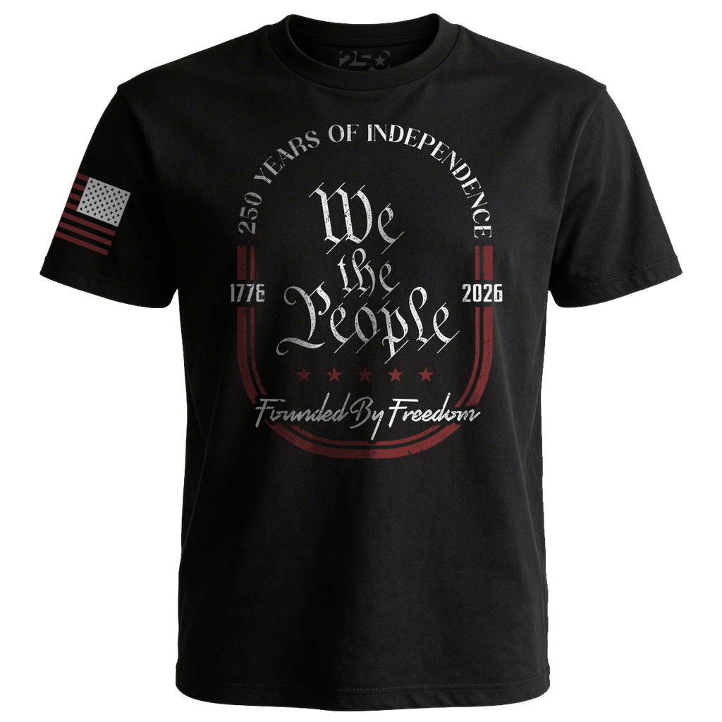 Black We The People 250 Years of Independence t-shirt with distressed vintage design, 1776 and 2026 print, and American flag sleeve detail