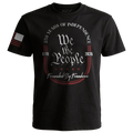 Black We The People 250 Years of Independence t-shirt with distressed vintage design, 1776 and 2026 print, and American flag sleeve detail