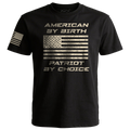 Black t-shirt with American flag graphic and text on a white background