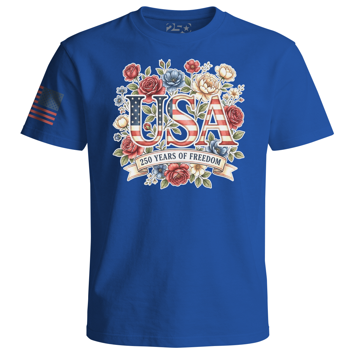 Royal T-shirt with 'USA 250 Years of Freedom' design featuring flowers and an American flag