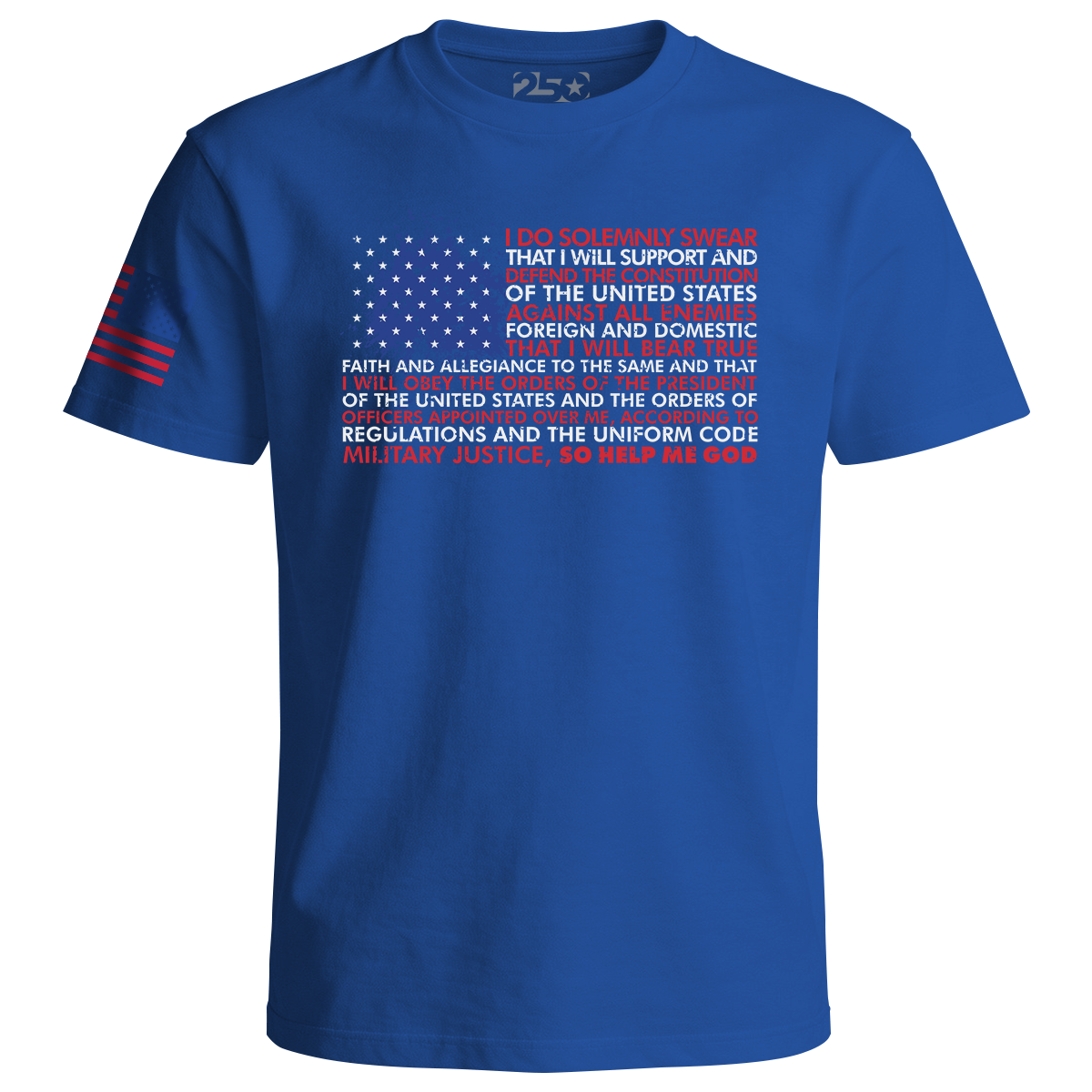Royal blue patriotic t-shirt with American flag design and oath to defend the Constitution text on front