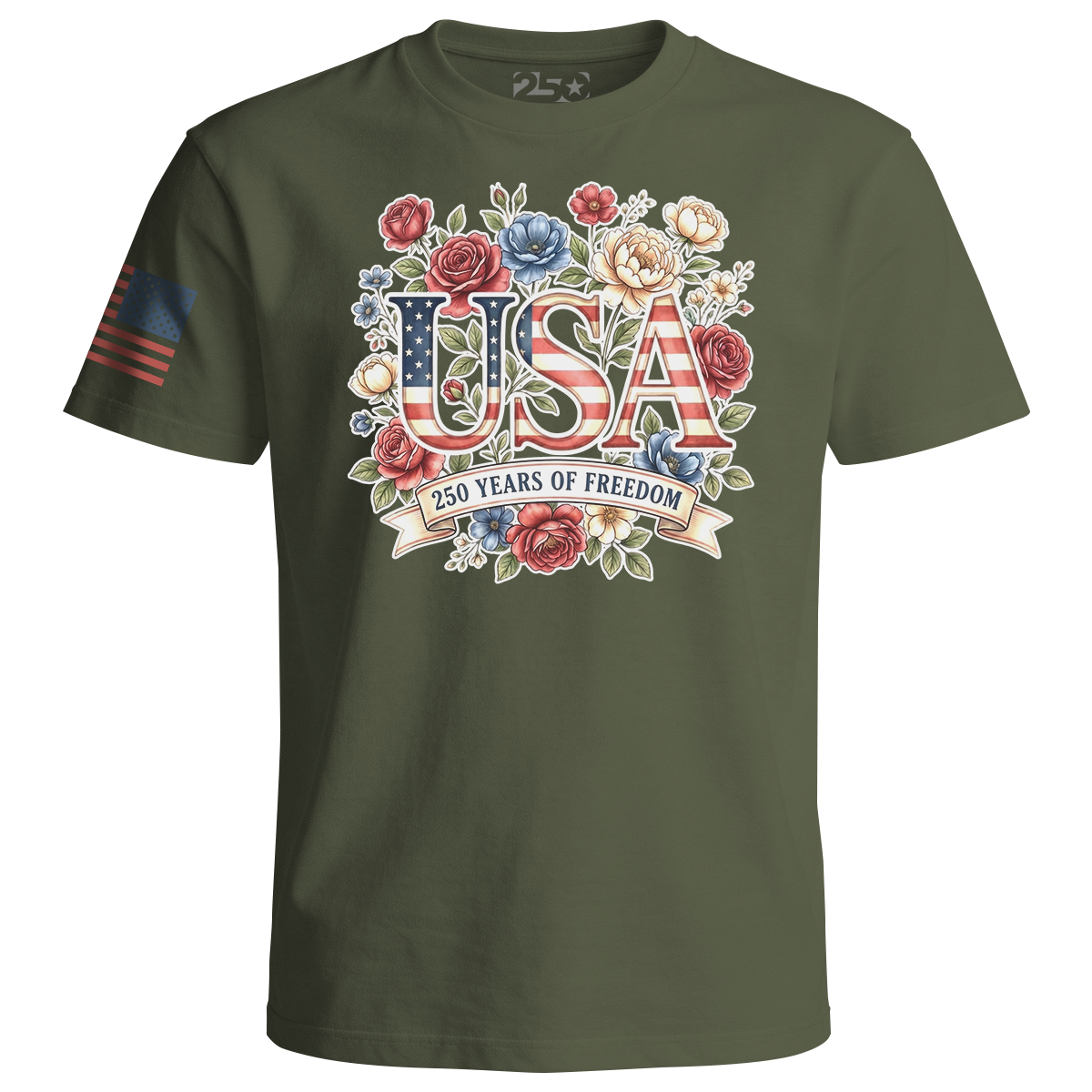 Olive T-shirt with 'USA 250 Years of Freedom' design featuring flowers and an American flag