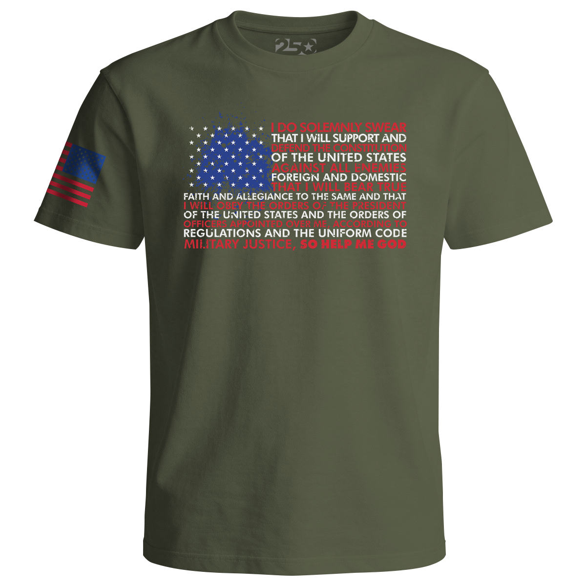 Marine olive patriotic t-shirt with American flag design and oath to defend the Constitution text on front