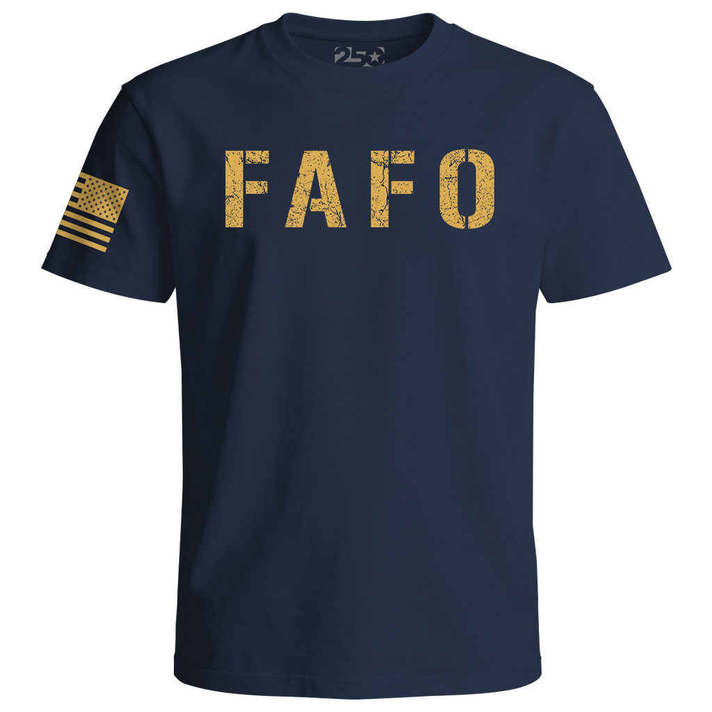 TwoFiveZero Gear FAFO t-shirt navy, bold distressed print with USA flag sleeve