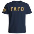 TwoFiveZero Gear FAFO t-shirt navy, bold distressed print with USA flag sleeve