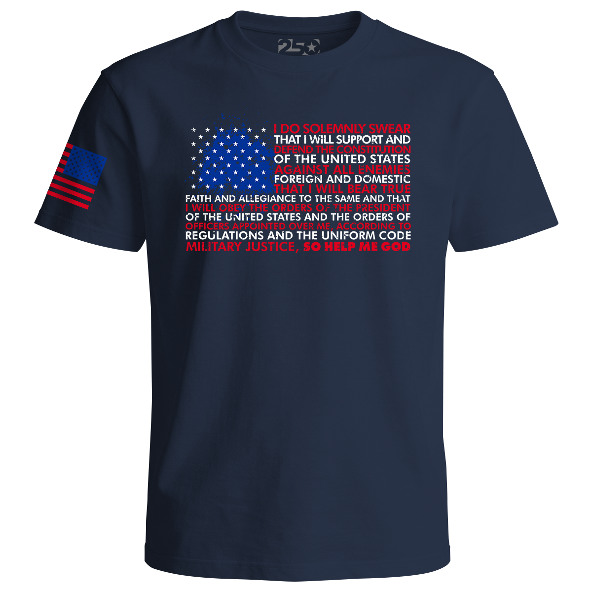Navy blue patriotic t-shirt with American flag design and oath to defend the Constitution text on front.