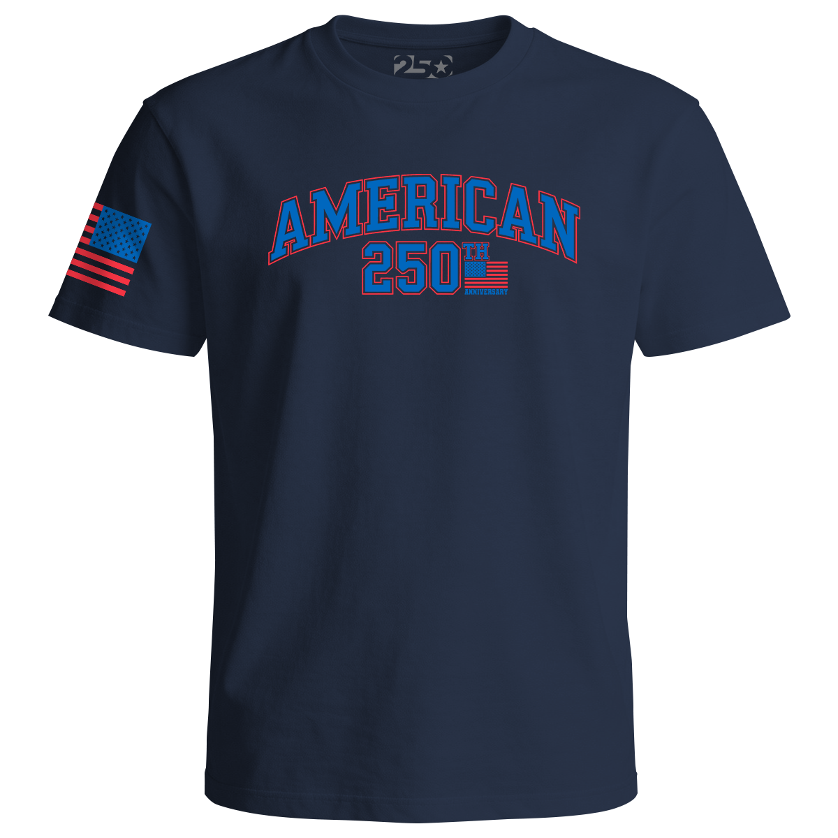 Navy blue t-shirt with 'American 250th' text and flag patch on a white background