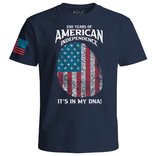 Navy blue 250 Years of American Independence DNA t-shirt with fingerprint USA flag print front view