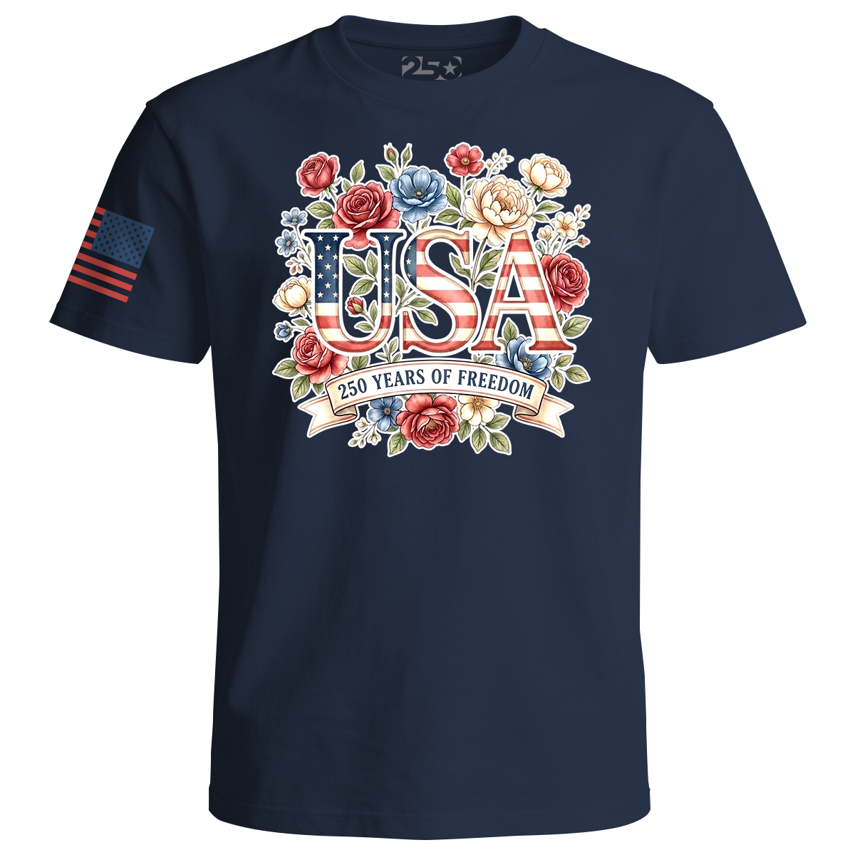 Navy T-shirt with 'USA 250 Years of Freedom' design featuring flowers and an American flag