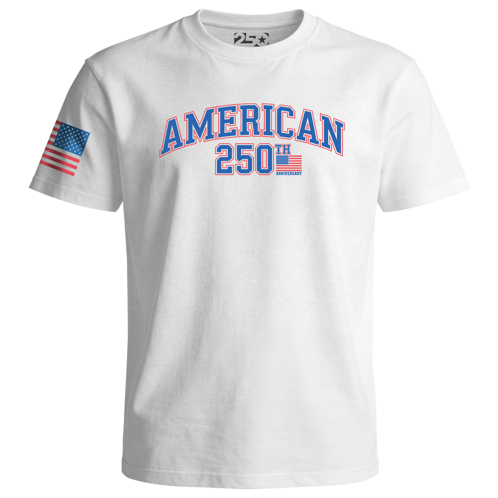 White t-shirt with 'American 250th' text and American flag on a white background