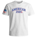 White t-shirt with 'American 250th' text and American flag on a white background