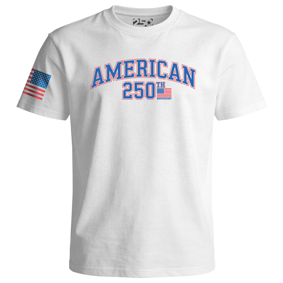 White t-shirt with 'American 250th' text and American flag on a white background