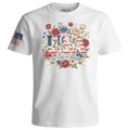 White t-shirt with 'USA 250 Years of Freedom' design featuring flowers and an American flag on a white background.