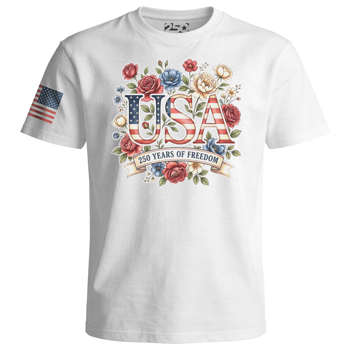 White t-shirt with 'USA 250 Years of Freedom' design featuring flowers and an American flag on a white background.