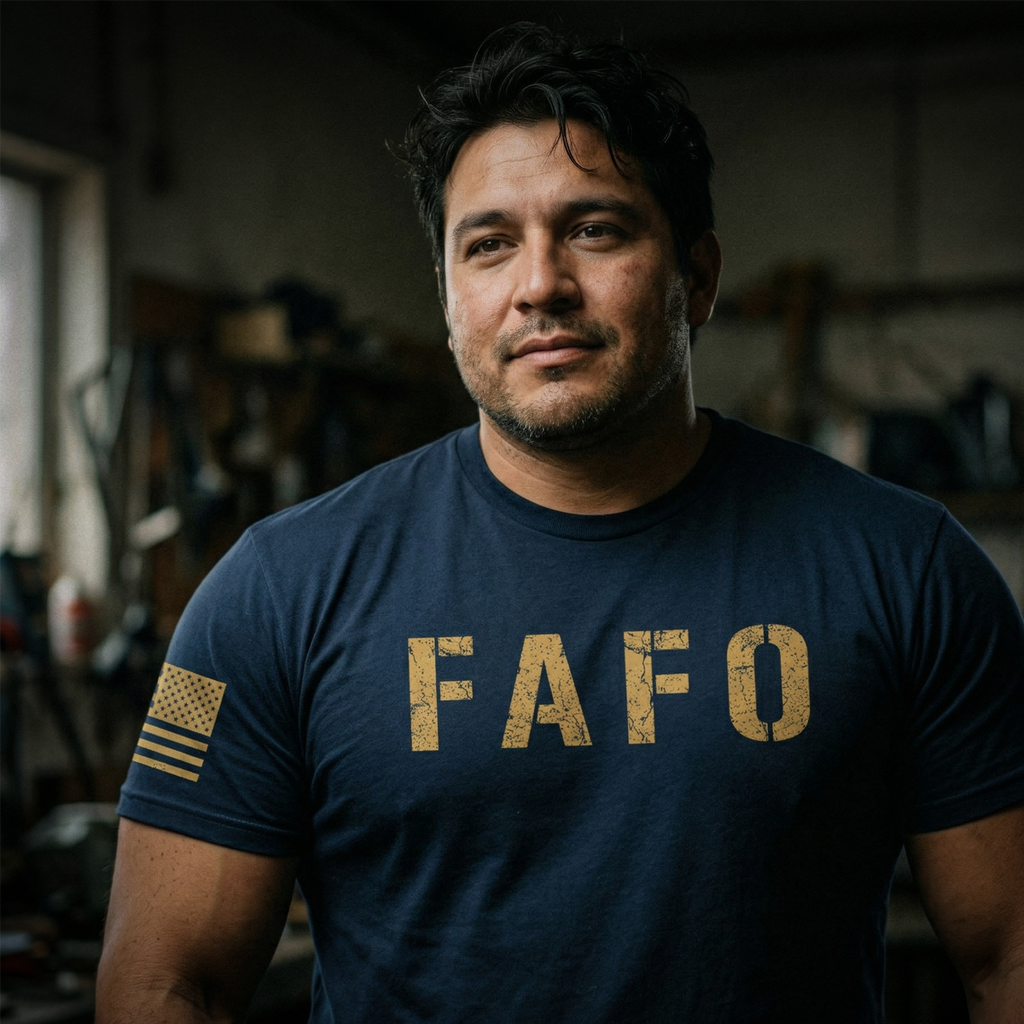 Man wearing a navy blue t-shirt with 'FAFO' printed on it in a workshop setting