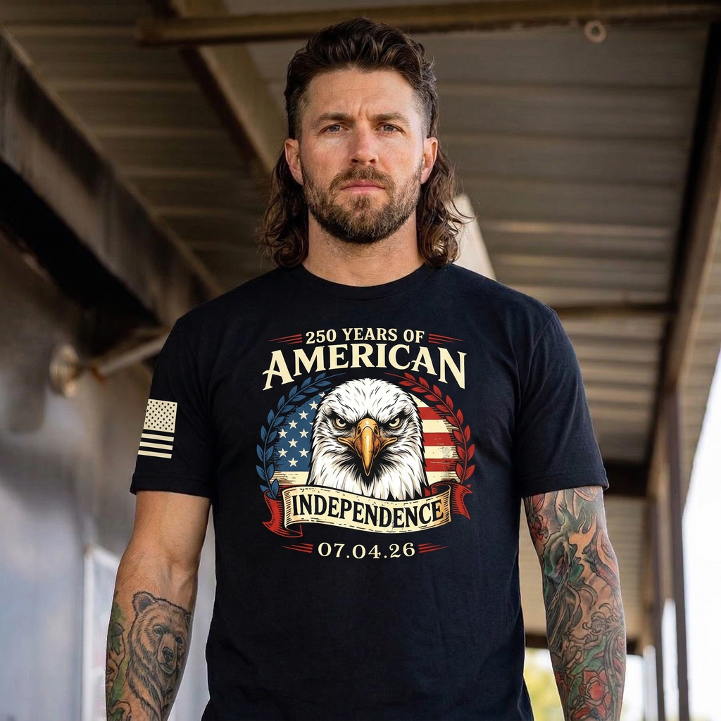 A man wearing a black patriotic t-shirt with bald eagle design and “250 Years of American Independence 07.04.26” graphic, featuring American flag elements