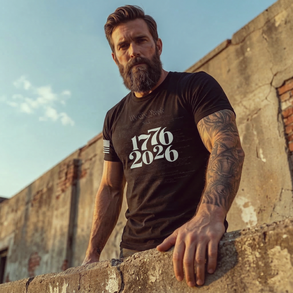 Man wearing a black t-shirt with '1776 2026' text, leaning against a wall.