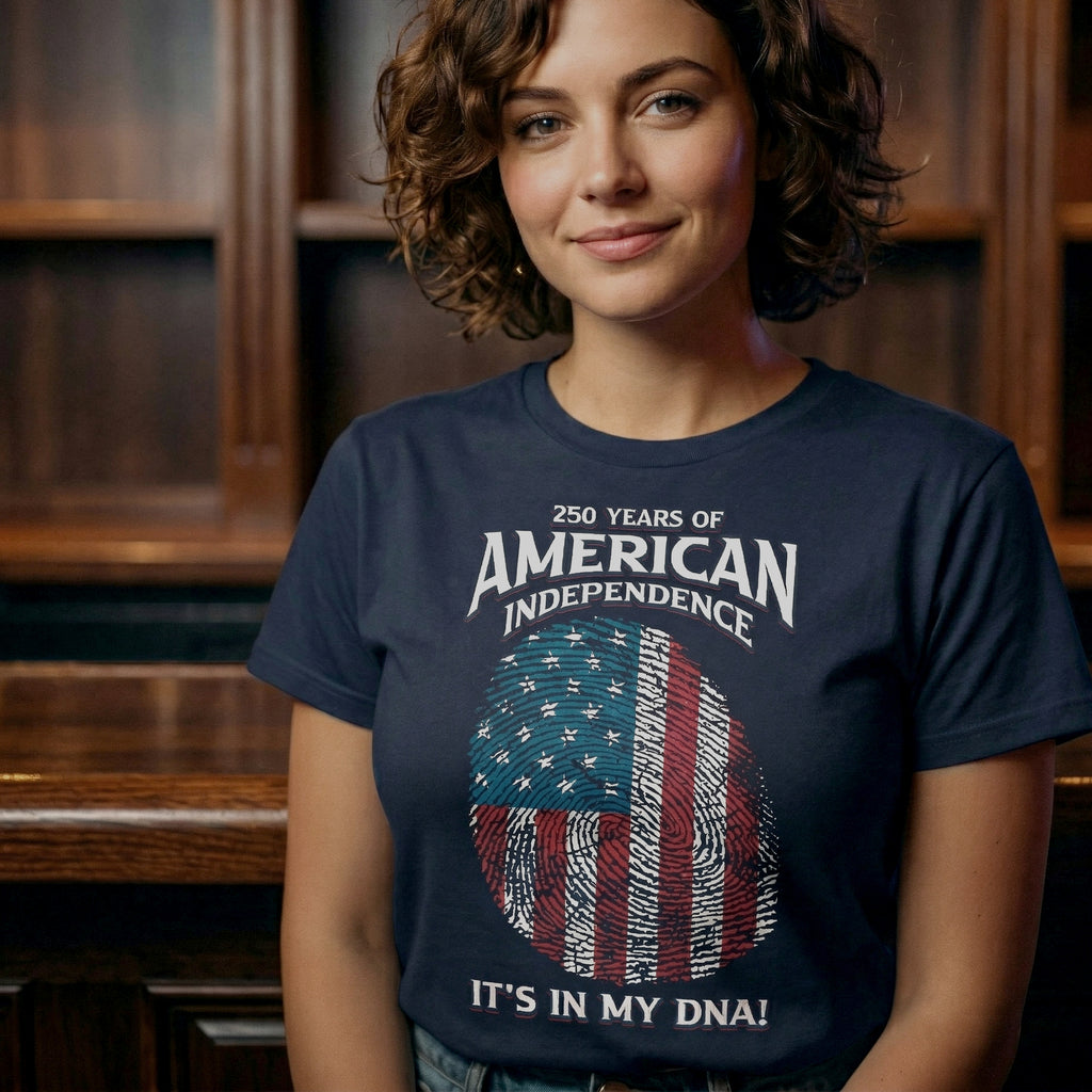Woman wearing a navy 250 Years of American Independence DNA t-shirt with fingerprint American flag design