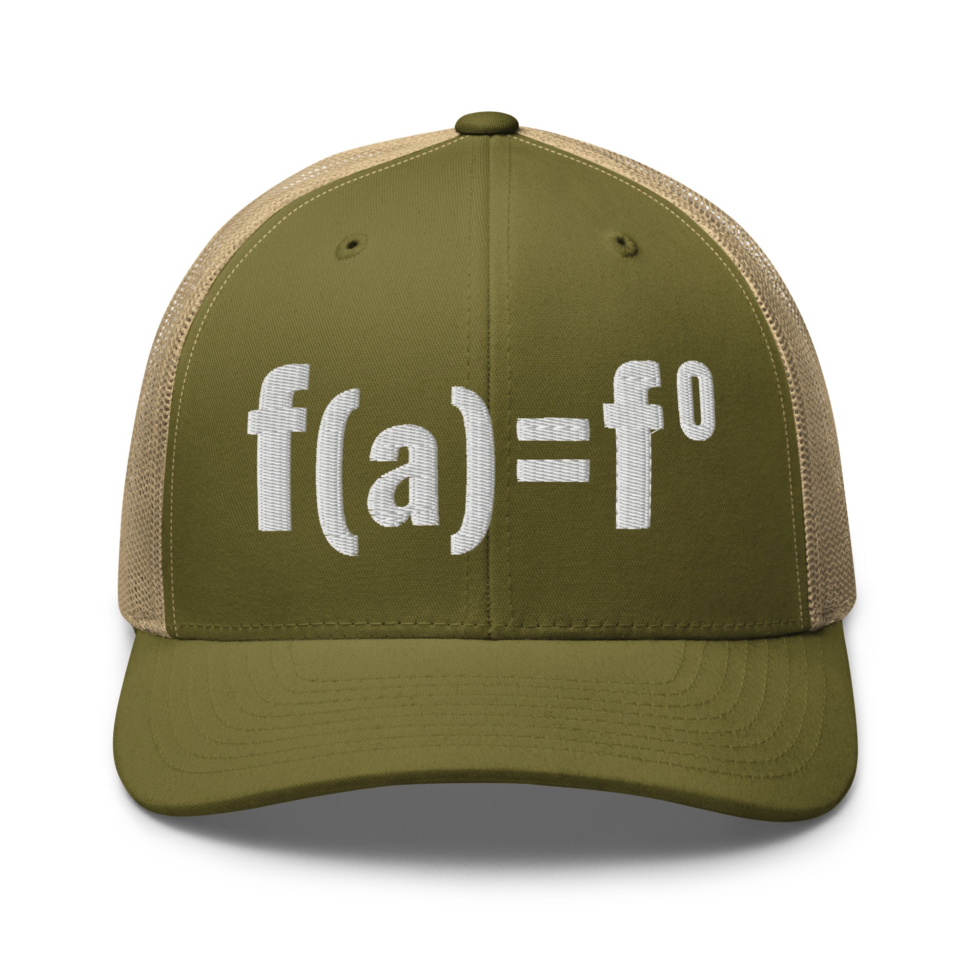 Military green patriotic trucker hat with FAFO bold embroidered design, structured six panel mesh back adjustable hat