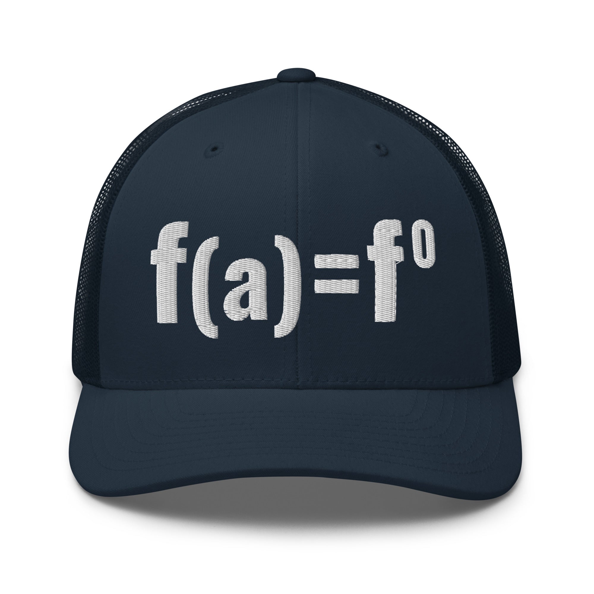 Navy blue patriotic trucker hat with FAFO bold embroidered design, structured six panel mesh back adjustable hat