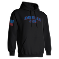 Black hoodie with 'American 250th Anniversary' text and sleeve design on a white background