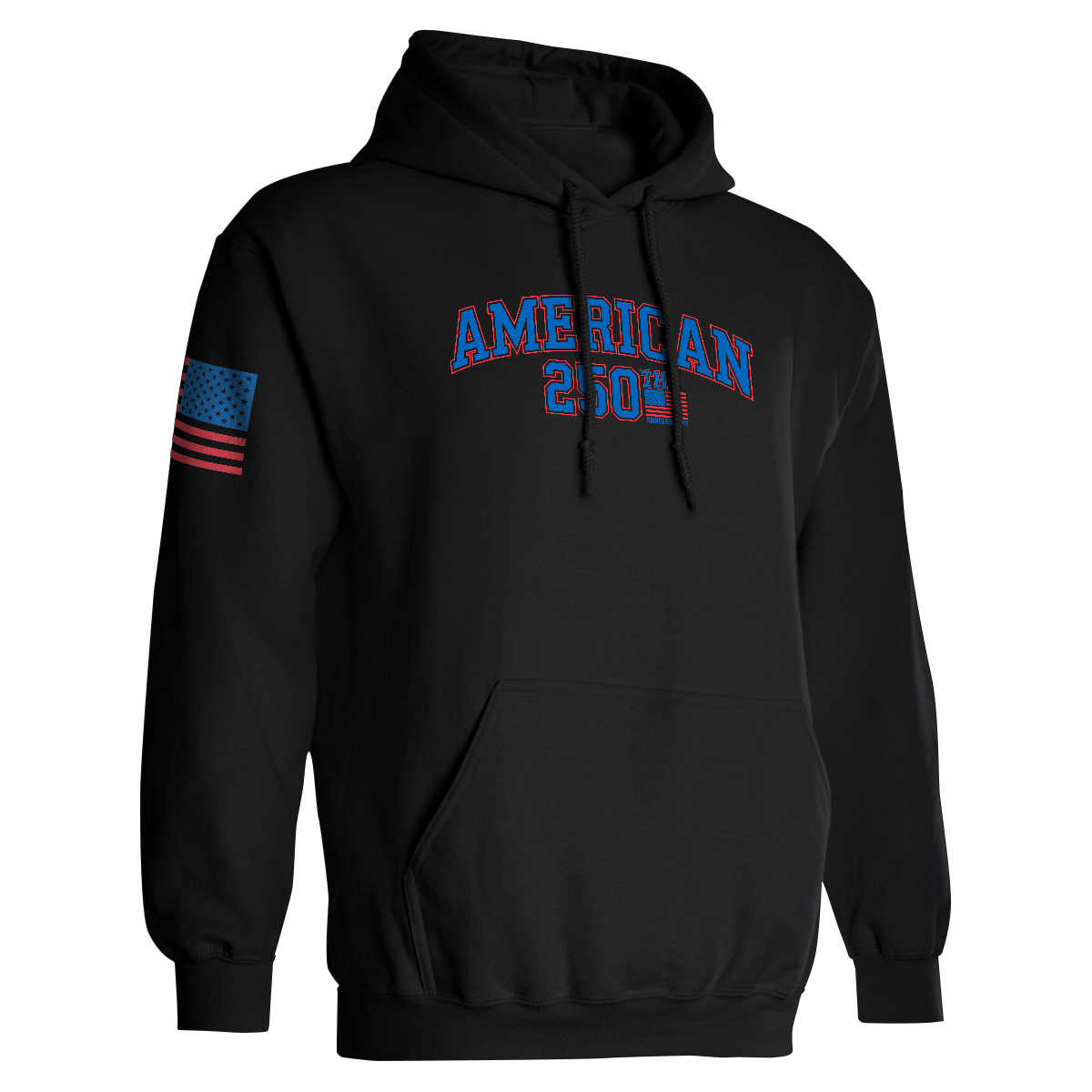 Black hoodie with 'American 250th Anniversary' text and sleeve design on a white background