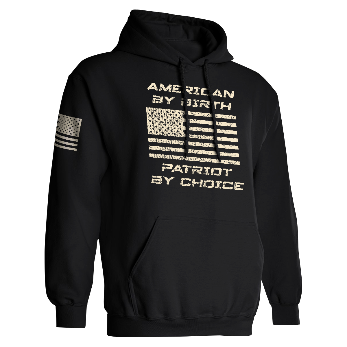 Black hoodie with American flag design and text on a white background