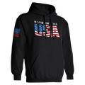 Black hoodie with 'Born in the USA' text and American flag design on a white background