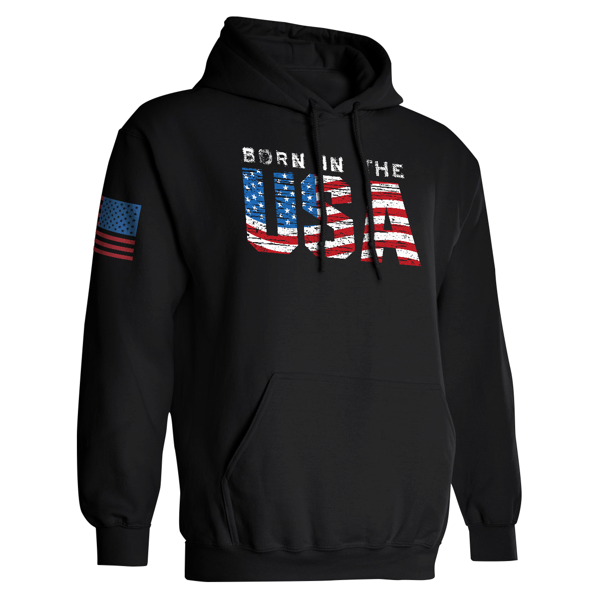 Black hoodie with 'Born in the USA' text and American flag design on a white background